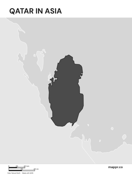 A map highlighting Qatar's location on the asian continent (black and white).