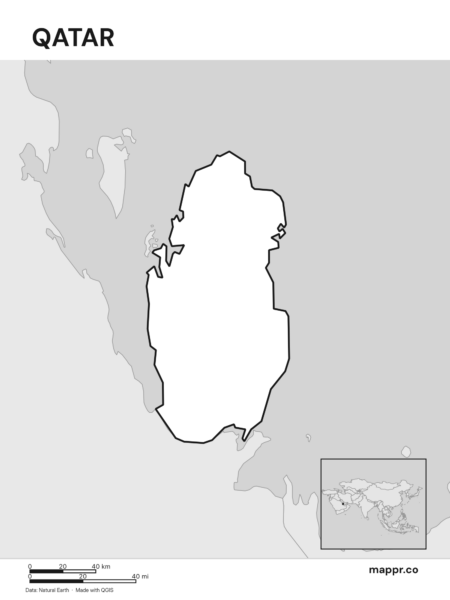 Outline map of Qatar with detailed country borders (black and white).