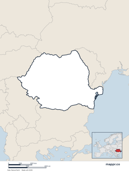 Blank political map of Romania showing its international borders without labels.
