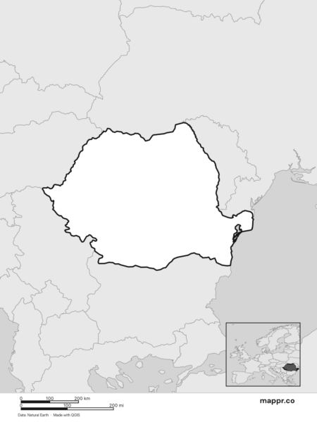 Blank political map of Romania showing its international borders without labels (black and white).