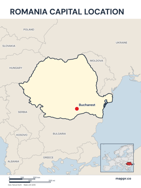 Detailed map pinpointing Bucharest, the capital of Romania.