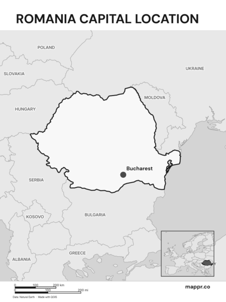 Detailed map pinpointing Bucharest, the capital of Romania (black and white).