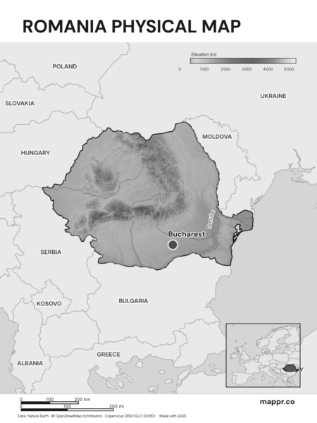 Map featuring Bucharest, the capital of Romania, with rich topographical detail (black and white).