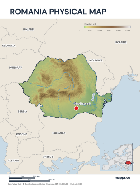 Map featuring Bucharest, the capital of Romania, with rich topographical detail.