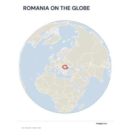 A map highlighting Romania's location on a globe, marked with a red outline.