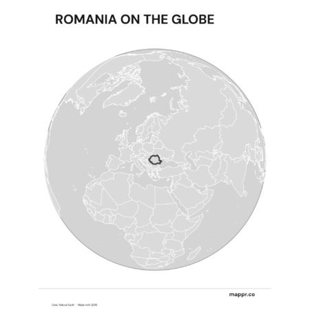 A map highlighting Romania's location on a globe, marked with a red outline (black and white).