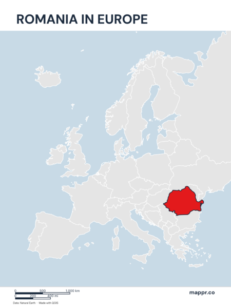 A map highlighting Romania's location on the european continent.