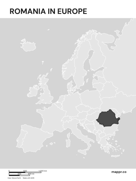 A map highlighting Romania's location on the european continent (black and white).
