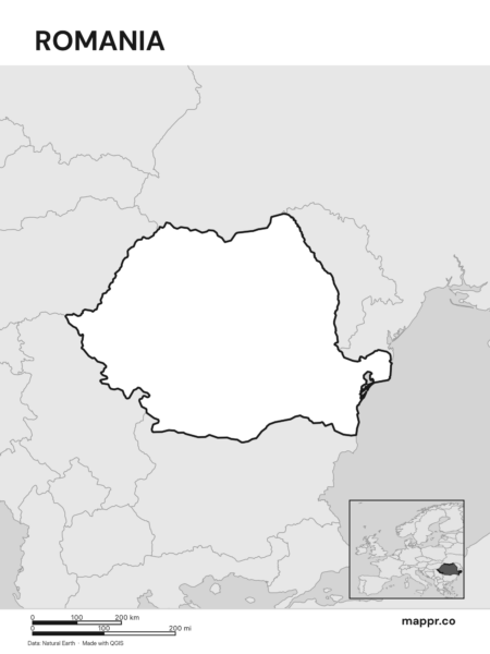 Outline map of Romania with detailed country borders (black and white).
