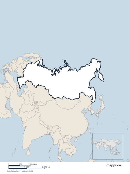 Blank political map of Russia showing its international borders without labels.