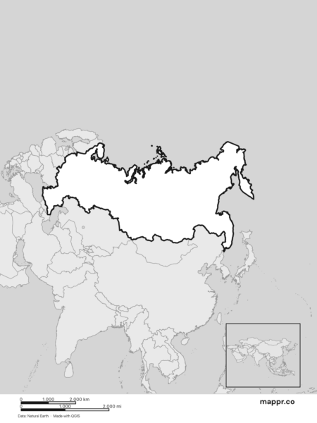 Blank political map of Russia showing its international borders without labels (black and white).