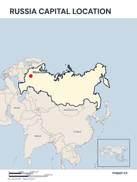 Detailed map pinpointing Moscow, the capital of Russia.
