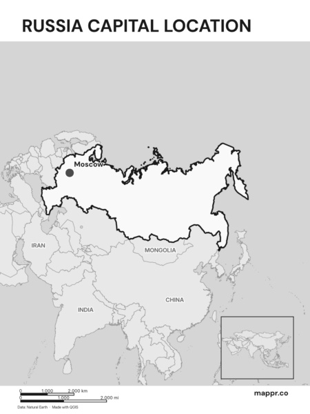 Detailed map pinpointing Moscow, the capital of Russia (black and white).