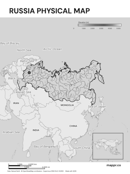 Map featuring Moscow, the capital of Russia, with rich topographical detail (black and white).