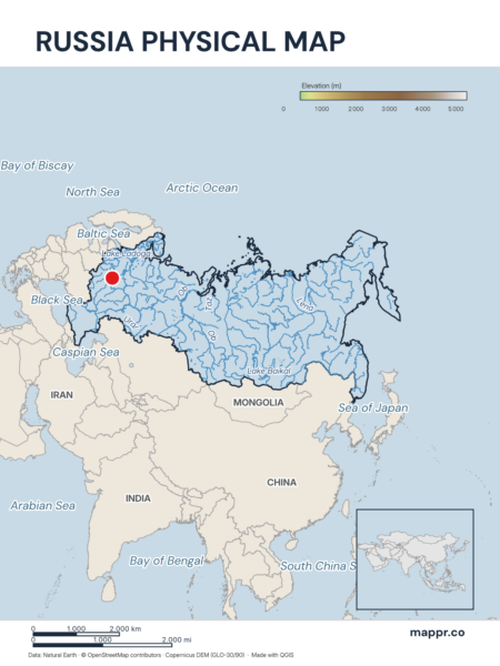 Map featuring Moscow, the capital of Russia, with rich topographical detail.
