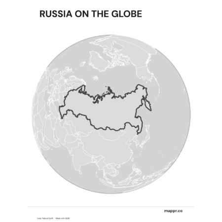 A map highlighting Russia's location on a globe, marked with a red outline (black and white).