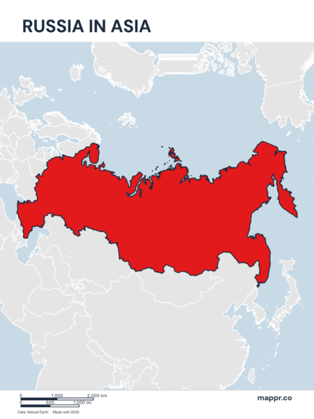 A map highlighting Russia's location on the asian continent.