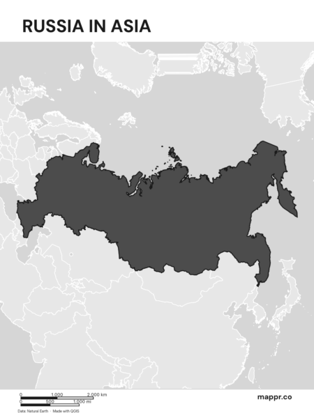 A map highlighting Russia's location on the asian continent (black and white).