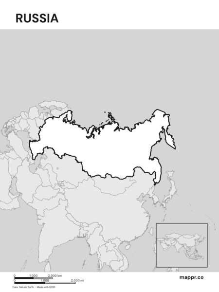 Outline map of Russia with detailed country borders (black and white).