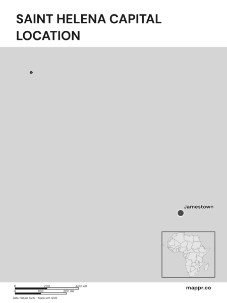 Detailed map pinpointing Jamestown, the capital of Saint Helena (black and white).