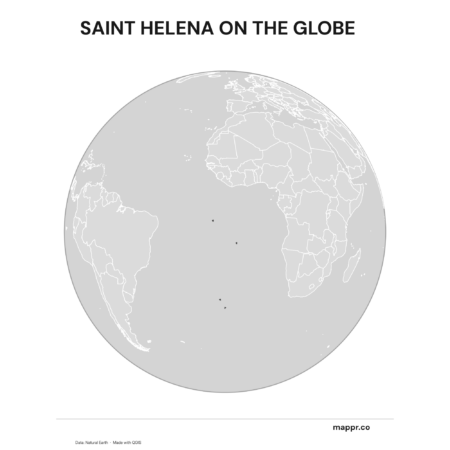 A map highlighting Saint Helena's location on a globe, marked with a red outline (black and white).