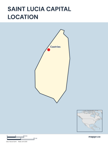 Detailed map pinpointing Castries, the capital of Saint Lucia.