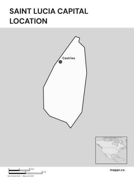 Detailed map pinpointing Castries, the capital of Saint Lucia (black and white).