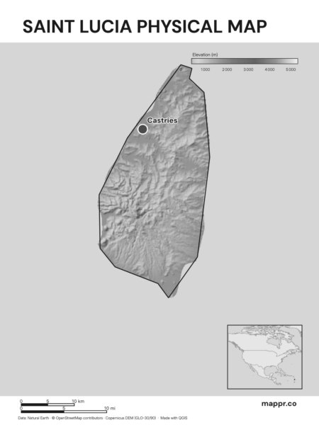 Map featuring Castries, the capital of Saint Lucia, with rich topographical detail (black and white).