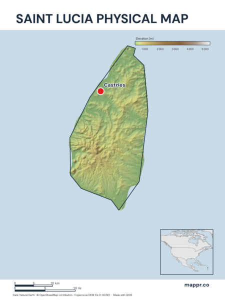 Map featuring Castries, the capital of Saint Lucia, with rich topographical detail.