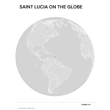 A map highlighting Saint Lucia's location on a globe, marked with a red outline (black and white).