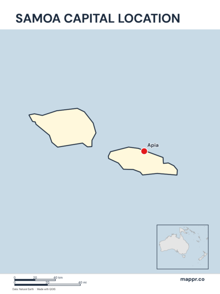 Detailed map pinpointing Apia, the capital of Samoa.