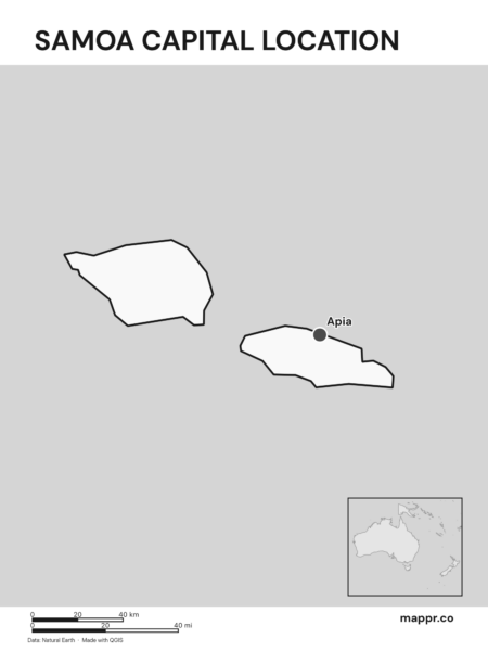 Detailed map pinpointing Apia, the capital of Samoa (black and white).