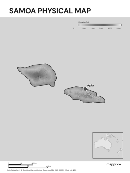 Map featuring Apia, the capital of Samoa, with rich topographical detail (black and white).