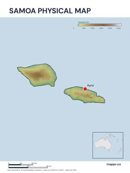 Map featuring Apia, the capital of Samoa, with rich topographical detail.