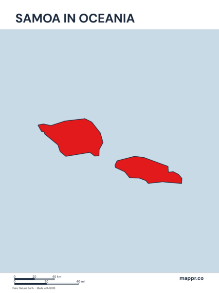 A map highlighting Samoa's location on the oceanian continent.