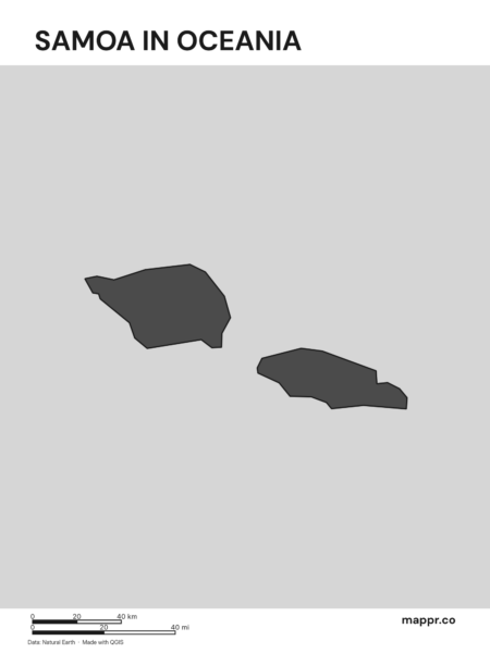 A map highlighting Samoa's location on the oceanian continent (black and white).