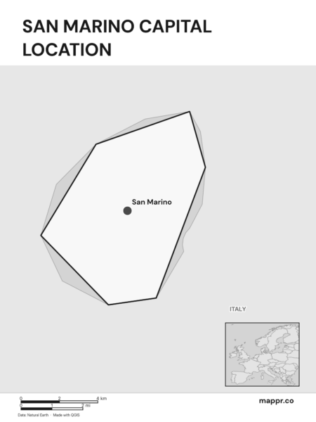 Detailed map pinpointing San Marino, the capital of San Marino (black and white).