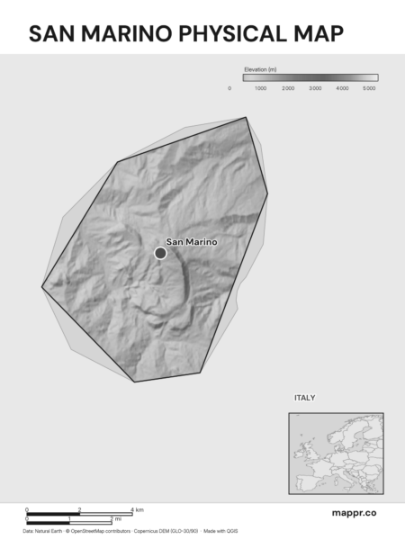 Map featuring San Marino, the capital of San Marino, with rich topographical detail (black and white).