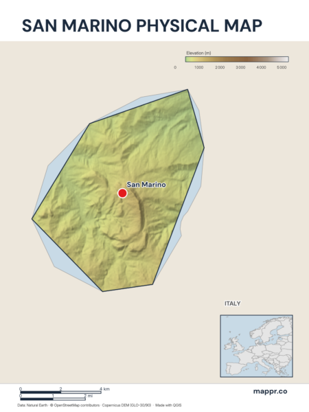 Map featuring San Marino, the capital of San Marino, with rich topographical detail.