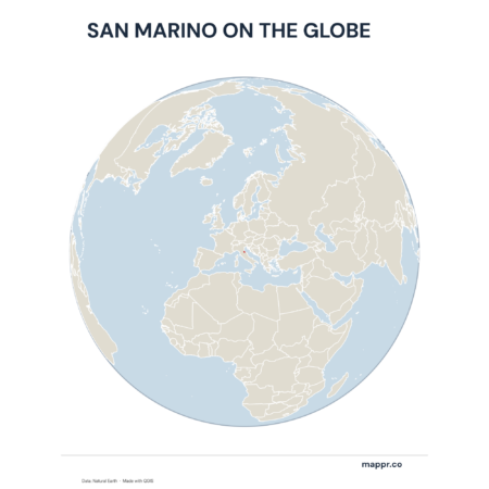 A map highlighting San Marino's location on a globe, marked with a red outline.