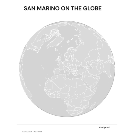 A map highlighting San Marino's location on a globe, marked with a red outline (black and white).
