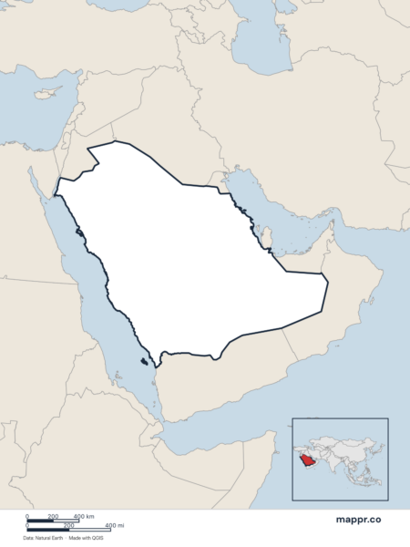 Blank political map of Saudi Arabia showing its international borders without labels.