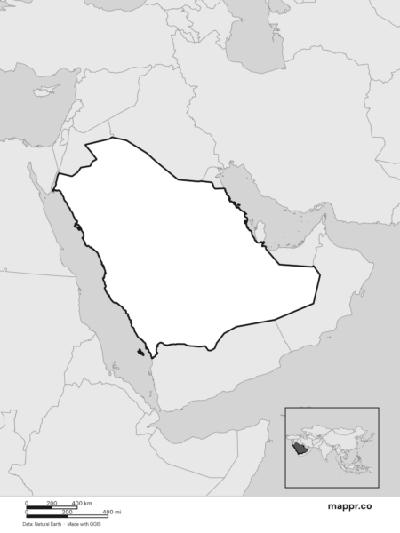 Blank political map of Saudi Arabia showing its international borders without labels (black and white).