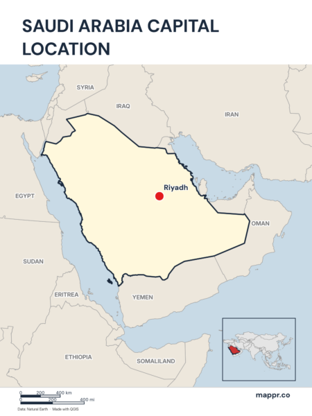 Detailed map pinpointing Riyadh, the capital of Saudi Arabia.