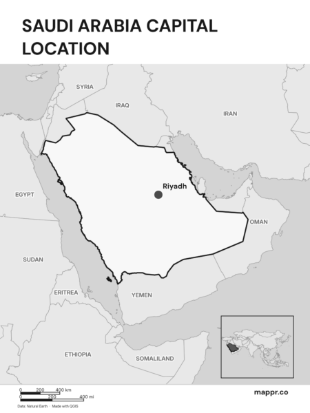 Detailed map pinpointing Riyadh, the capital of Saudi Arabia (black and white).