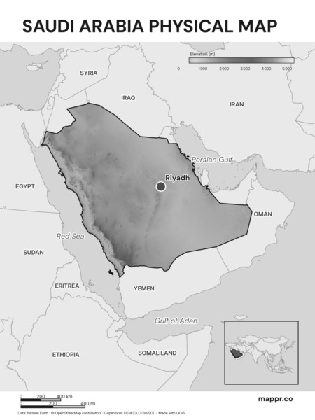 Map featuring Riyadh, the capital of Saudi Arabia, with rich topographical detail (black and white).