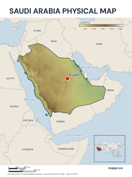 Map featuring Riyadh, the capital of Saudi Arabia, with rich topographical detail.