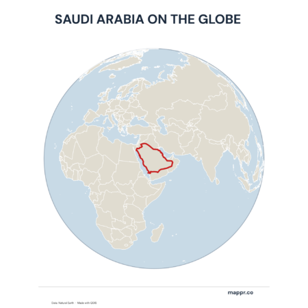 A map highlighting Saudi Arabia's location on a globe, marked with a red outline.