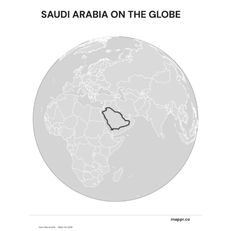 A map highlighting Saudi Arabia's location on a globe, marked with a red outline (black and white).