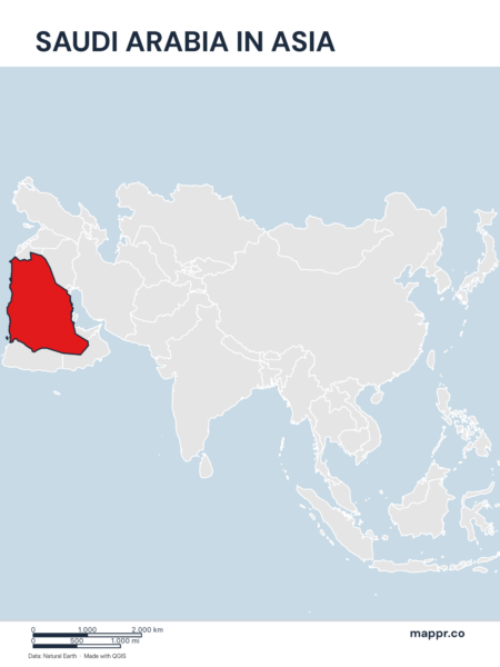 A map highlighting Saudi Arabia's location on the asian continent.